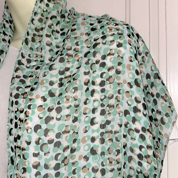 Vintage Mint Green, Tan, Brown & White Circle Print Polyester Long Scarf - Picture 2 of 7